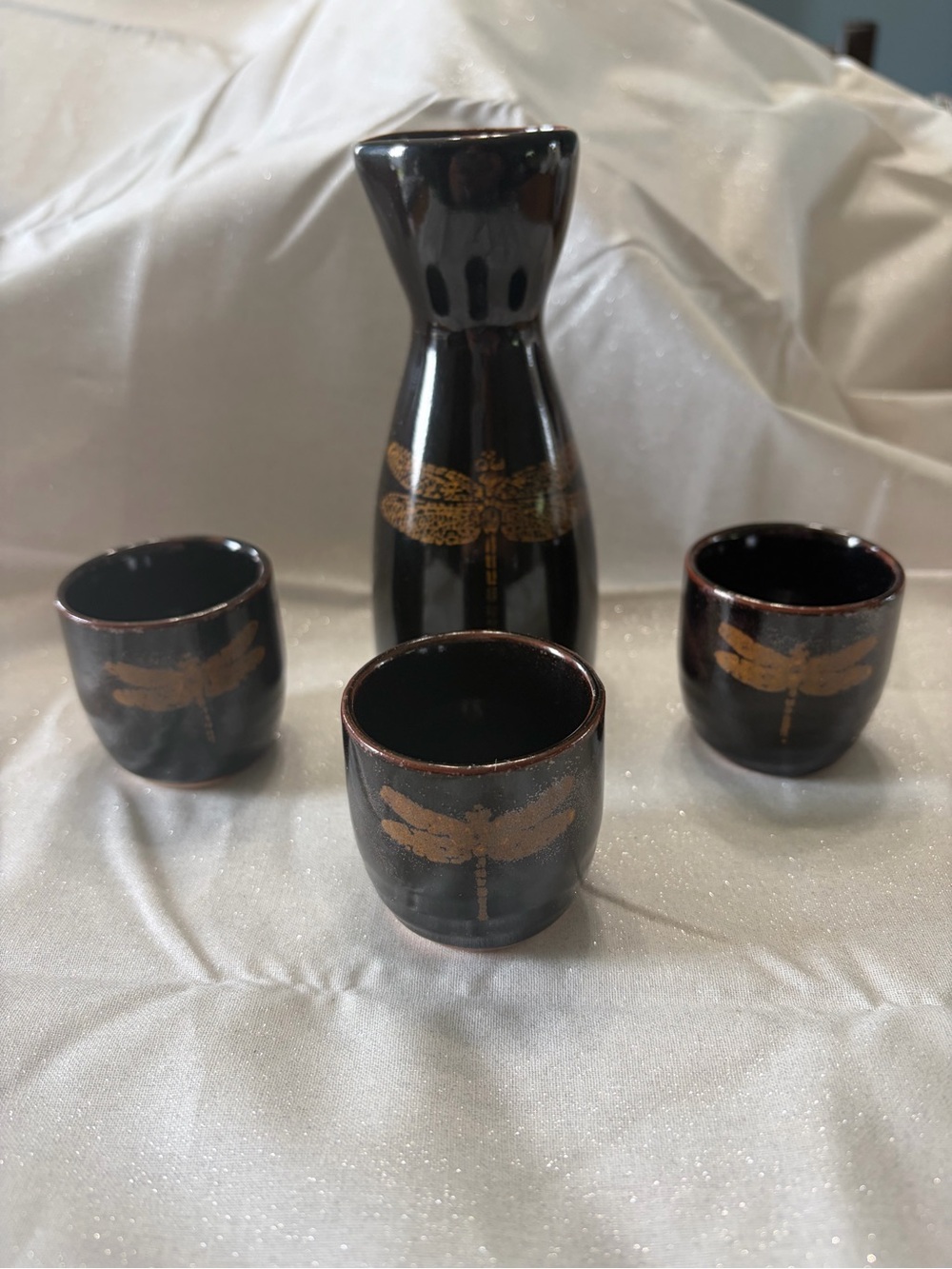 Vintage Miya Japan Ceramic Sake Set (1 Carafe/ 3 Cups) Dragonfly Design